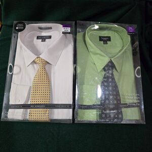 (2) Dress Shirt Tie Set Lot Mens 2XL White Green Collared Work Office New *READ